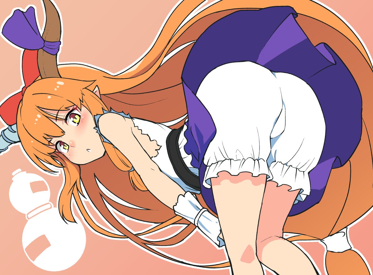 1girl ass bare_arms bare_shoulders bent_over black_belt bloomers blouse blush bow commentary_request eyebrows_visible_through_hair feet_out_of_frame gourd hair_bow horn_ribbon horns ibuki_suika long_hair looking_at_viewer low-tied_long_hair oni oni_horns orange_background orange_hair parted_lips pointy_ears purple_ribbon purple_skirt red_bow ribbon sidelocks simple_background skirt sleeveless_blouse solo standing taketora_suzume touhou underwear very_long_hair white_bloomers white_blouse wrist_cuffs yellow_eyes