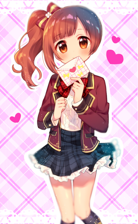 1girl alternate_costume black_legwear black_skirt blush brown_eyes brown_hair closed_mouth envelope eyebrows_visible_through_hair heart idolmaster idolmaster_cinderella_girls idolmaster_cinderella_girls_starlight_stage igarashi_kyouko kneehighs komachi_pochi looking_at_viewer love_letter_(idolmaster) pink_background pink_check_school plaid plaid_skirt short_hair short_ponytail side_ponytail skirt smile solo