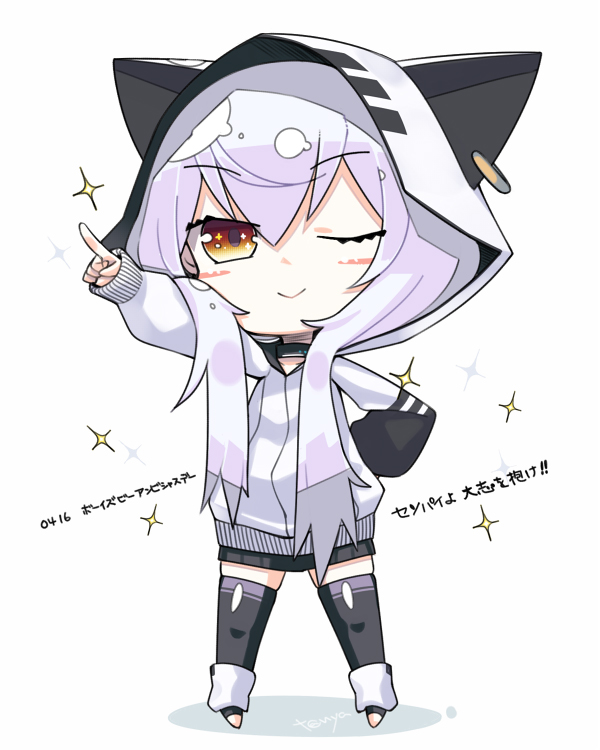 1girl ;&gt; animal_ears animal_hood artist_name azuma_lim azuma_lim_channel bangs black_legwear black_skirt blush_stickers brown_eyes cat_ears cat_hood chibi ear_piercing eyebrows_visible_through_hair hair_between_eyes hand_on_hip hood hood_up long_hair long_sleeves looking_at_viewer no_shoes outstretched_arm piercing pleated_skirt pointing puffy_long_sleeves puffy_sleeves silver_hair skirt sleeves_past_wrists solo sparkle standing stirrup_legwear tanyatonya thigh-highs translation_request very_long_hair virtual_youtuber white_background white_hoodie