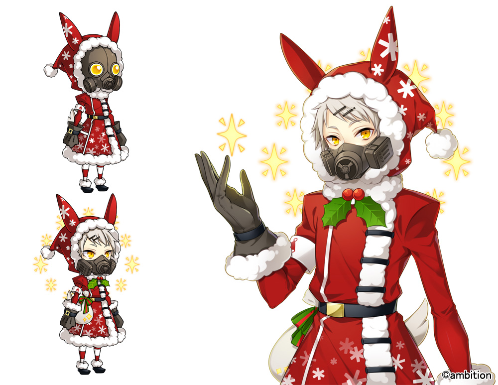 aki_no_jikan androgynous animal_ears arms_at_sides black_gloves brown_eyes gas_mask gloves grey_hair hair_ornament hairclip hat holly looking_at_viewer maru-kichi mask multiple_views official_art sack santa_hat snowflake_print standing star striped striped_legwear tail watermark