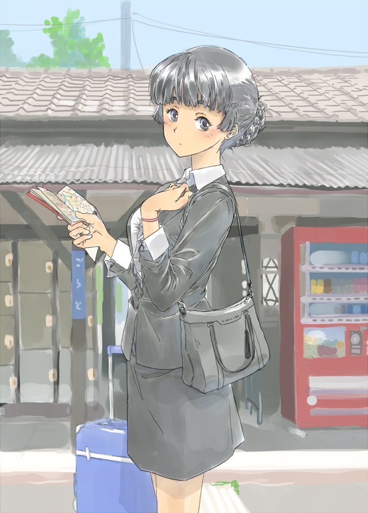 1girl alternate_costume bag bangs black_eyes black_hair black_jacket black_skirt blunt_bangs breasts collared_shirt commentary cowboy_shot handbag holding_map jacket kantai_collection long_hair looking_at_viewer medium_breasts myoukou_(kantai_collection) office_lady outdoors shirt skirt solo suitcase suzumaru train_station vending_machine white_shirt