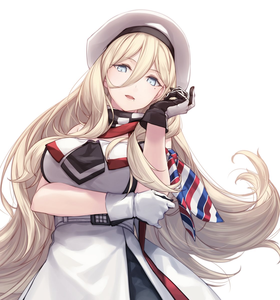 1girl arm_across_chest bangs belt beret blonde_hair blue_eyes breasts commentary_request dress eyebrows_visible_through_hair framed_breasts gloves hair_between_eyes hand_on_own_elbow hat head_tilt highres kantai_collection large_breasts long_hair looking_at_viewer mole mole_under_eye mole_under_mouth monochrome multicolored multicolored_clothes multicolored_dress multicolored_gloves multicolored_scarf open_mouth pom_pom_(clothes) richelieu_(kantai_collection) rokuwata_tomoe scarf sidelocks simple_background smile solo strapless strapless_dress upper_body white_background