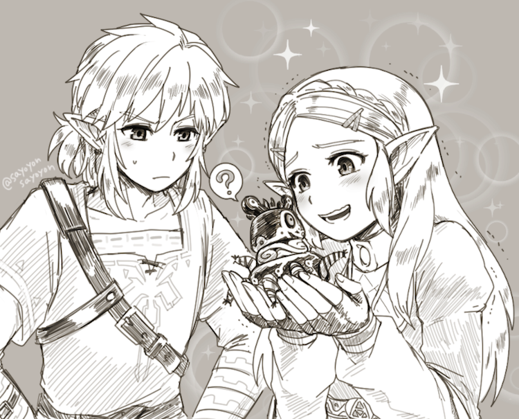 1boy 1girl ? bag blush fingerless_gloves gloves grey_background greyscale guardian_(breath_of_the_wild) hair_ornament hairclip hands_on_hips link long_hair miniature monochrome open_mouth pointy_ears princess_zelda sayoyonsayoyo short_hair shoulder_bag simple_background sparkle spoken_question_mark sweatdrop the_legend_of_zelda the_legend_of_zelda:_breath_of_the_wild twitter_username upper_body