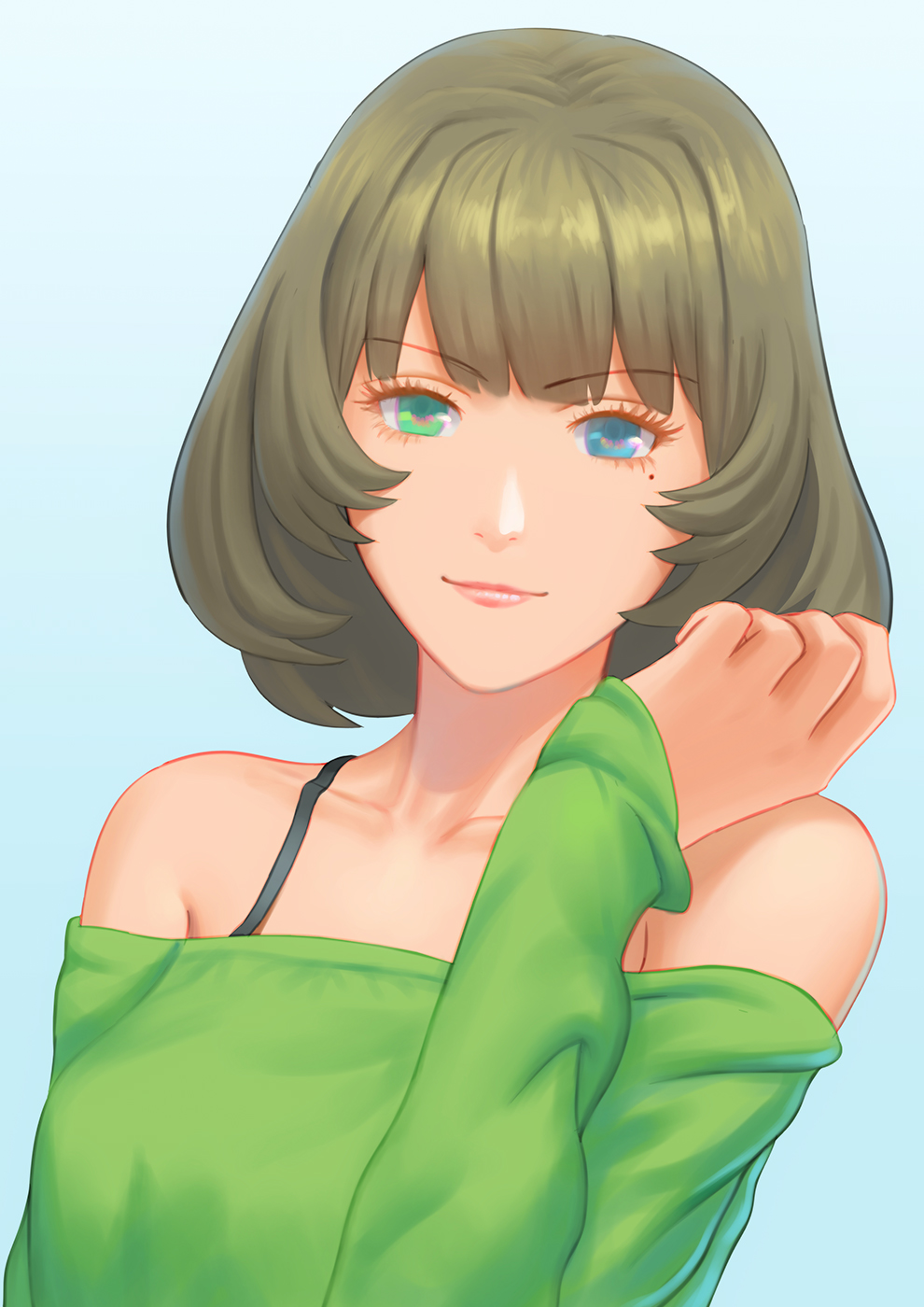 1girl bangs bare_shoulders blue_background blue_eyes blunt_bangs closed_mouth commentary_request dress eyebrows_visible_through_hair fateline_alpha green_dress green_eyes green_hair heterochromia highres idolmaster idolmaster_cinderella_girls long_sleeves looking_at_viewer mole mole_under_eye off_shoulder short_hair smile solo sweater sweater_dress takagaki_kaede upper_body