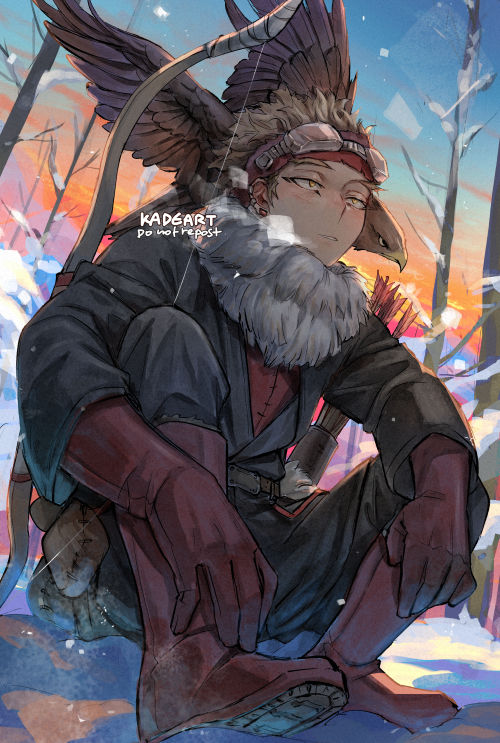 1boy artist_name belt bird black_jacket black_pants blonde_hair boku_no_hero_academia branch breath closed_mouth earrings full_body fur_trim gloves goggles goggles_on_head hawk hawks_(boku_no_hero_academia) jacket jewelry kadeart looking_afar male_focus pants parted_lips pouch quiver red_footwear red_gloves red_shirt shirt sitting sky snow solo spread_legs sunset symbol-only_commentary thick_eyebrows tree wide_sleeves wing_bow winter yellow_eyes