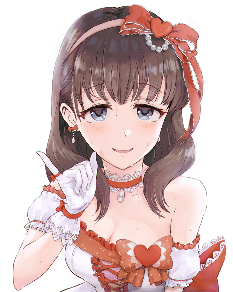1girl animal_ears arm_garter bare_shoulders blue_eyes blush bow brown_hair choker commentary_request dress ear_ribbon earrings eyebrows_visible_through_hair finger_ribbon frilled_dress frills gloves hair_bow hair_ornament hair_ribbon hairband heart heart_hair_ornament idolmaster idolmaster_cinderella_girls jewelry looking_at_viewer parted_lips pink_hairband pinky_out red_bow red_ribbon ribbon sakuma_mayu simple_background smile solo strapless strapless_dress sweat upper_body white_background white_dress white_gloves wrist_ribbon