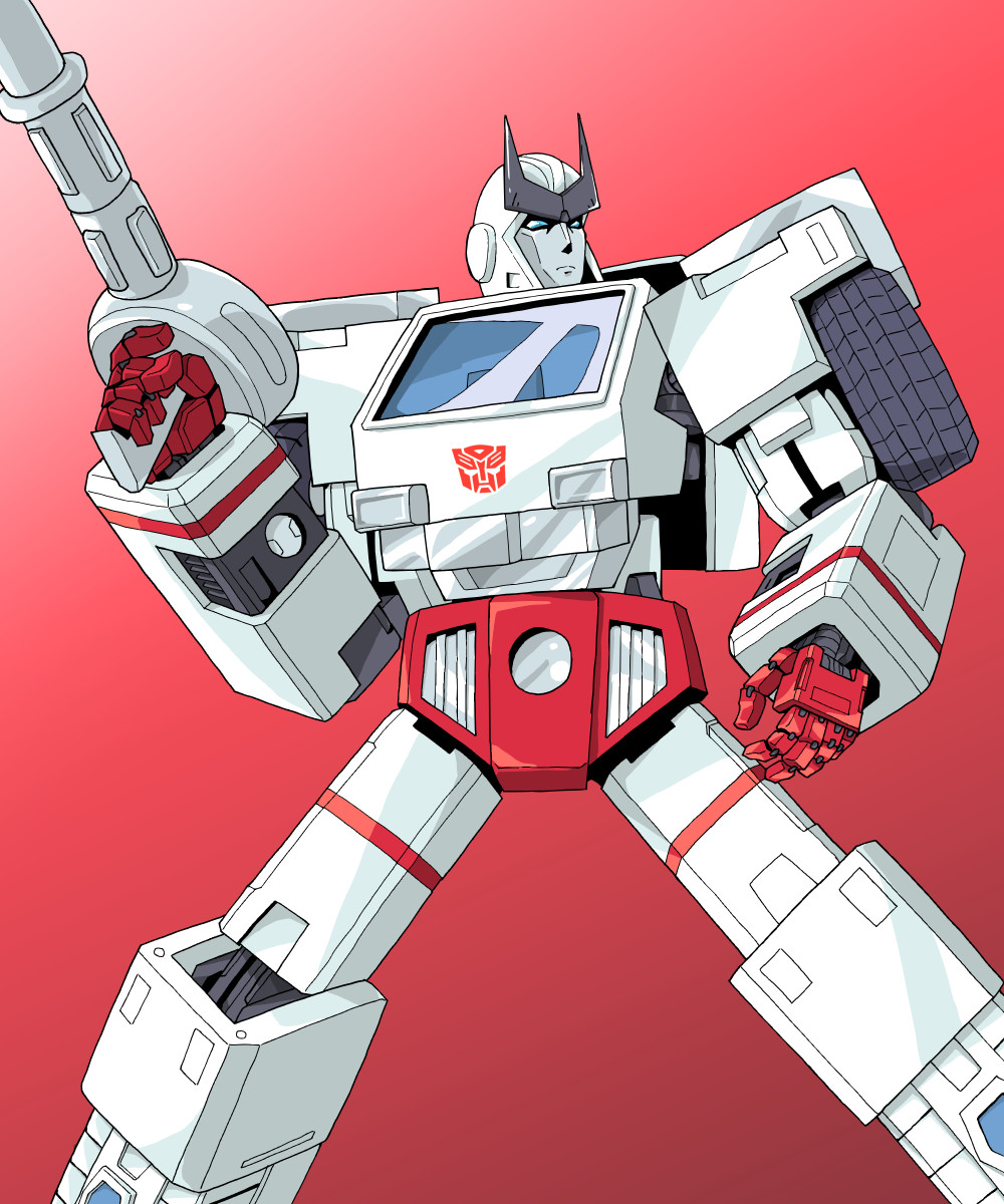 1boy 80s autobot blue_eyes fighting_stance gun highres holding holding_gun holding_weapon no_humans oldschool qhon ratchet red_background solo standing transformers weapon