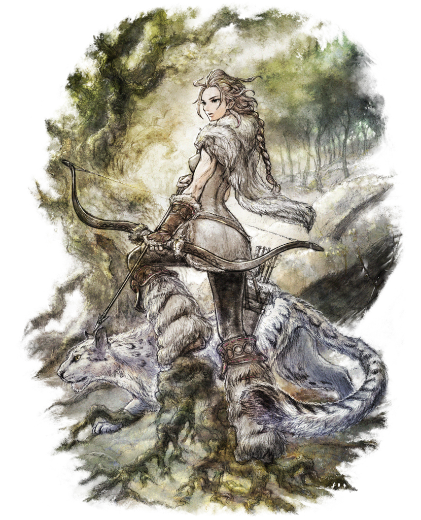 1girl animal arrow blonde_hair boots bow_(weapon) braid braided_ponytail cape fingerless_gloves fur_cape fur_trim gloves h'aanit_(octopath_traveler) looking_to_the_side octopath_traveler official_art quiver roots short_cape snow_leopard solo square_enix tail toned tree weapon yoshida_akihiko