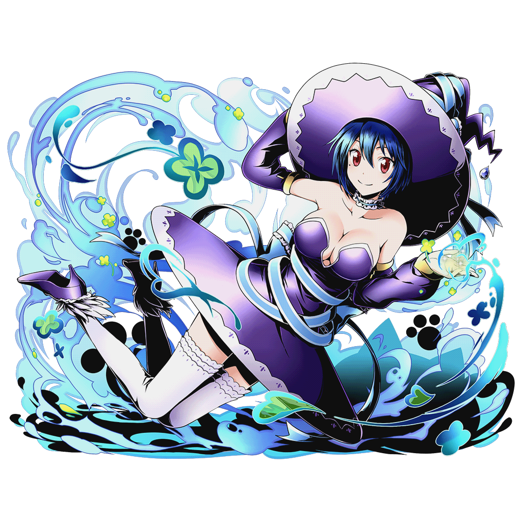 1girl belt blue_bow blue_hair blue_ribbon bow breasts cleavage closed_mouth collarbone detached_sleeves divine_gate dress hair_between_eyes hat high_heels jewelry large_breasts long_sleeves looking_at_viewer mole mole_under_eye nisekoi purple_dress purple_footwear purple_hat red_eyes ribbon short_hair smile thigh-highs tsugumi_seishirou ucmm white_legwear witch witch_hat