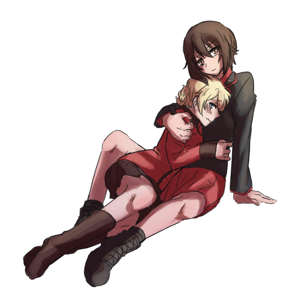 2girls ankle_boots arm_around_shoulder arm_support bangs black_footwear black_jacket black_legwear black_skirt blonde_hair blue_eyes blush boots braid brown_eyes brown_hair closed_mouth commentary cross-laced_footwear darjeeling dress_shirt dutch_angle epaulettes frown full_body girls_und_panzer hug jacket kuromorimine_military_uniform lace-up_boots lamen3000 leaning_back long_sleeves looking_at_viewer looking_back lying military military_uniform miniskirt multiple_girls nishizumi_maho on_side pleated_skirt red_jacket red_shirt red_skirt shirt short_hair simple_background sitting skirt socks st._gloriana's_military_uniform tied_hair twin_braids uniform wavy_mouth white_background yuri