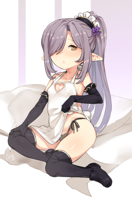 1girl apron apron_lift bangs bare_shoulders bed_sheet black_footwear black_gloves black_legwear black_panties blush bow breasts brown_eyes elbow_gloves eyebrows_visible_through_hair gloves granblue_fantasy hair_bow hair_over_one_eye harvin heart_cutout high_ponytail lifted_by_self loafers long_hair nearly_naked_apron nio_(granblue_fantasy) panties parted_lips pillow pointy_ears ponytail purple_bow purple_hair rkrk shoes side-tie_panties sidelocks signature small_breasts solo thigh-highs underwear very_long_hair white_apron