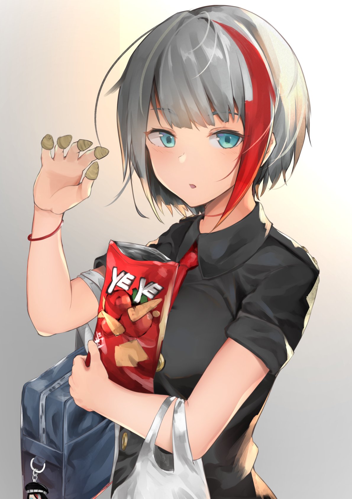 1girl admiral_graf_spee_(azur_lane) aqua_eyes azur_lane bag black_dress bugle carrying commentary_request dress gradient gradient_background highres ikashun looking_at_viewer multicolored_hair necktie parted_lips school_bag shopping_bag short_hair silver_hair simple_background snack solo two-tone_hair
