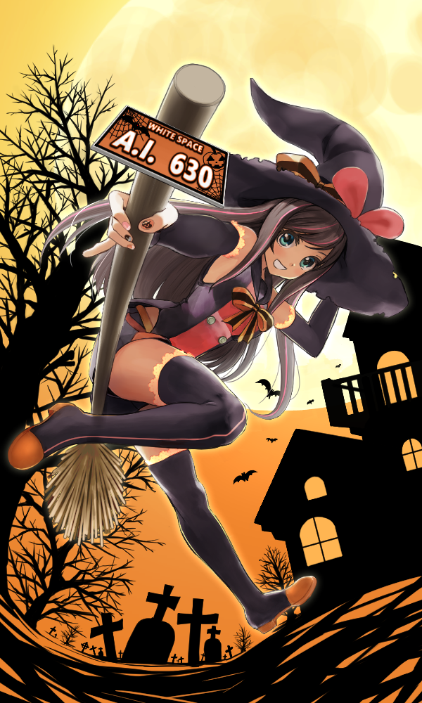 1girl :d a.i._channel adapted_costume animal aqua_eyes bangs bare_shoulders bare_tree bat black_hat black_legwear black_nails black_shorts bow bowtie broom broom_riding brown_hair building buttons cross detached_sleeves eyebrows fingernails full_body full_moon halloween hat hat_bow jack-o'-lantern kizuna_ai license_plate long_hair long_sleeves moon multicolored multicolored_hair multicolored_nail_polish nail_art nail_polish number open_mouth orange_footwear orange_nails orange_sky pink_hair pink_nails pinky_out shirt shoes shorts silk sky sleeveless sleeveless_shirt smile solo soranaka_ame spider_web straight_hair streaked_hair striped striped_bow striped_neckwear thigh-highs tombstone tree two-tone_hair virtual_youtuber window witch_hat zettai_ryouiki