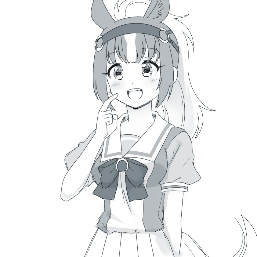 1girl alternate_costume animal_ears blush check_commentary chestnut_thoroughbred_(kemono_friends) commentary commentary_request eyebrows_visible_through_hair greyscale headgear horse_ears horse_tail kemono_friends light_brown_hair long_hair monochrome multicolored_hair neckerchief pleated_skirt ponytail puffy_short_sleeves puffy_sleeves school_uniform short_sleeves skirt solo tail totokichi white_hair