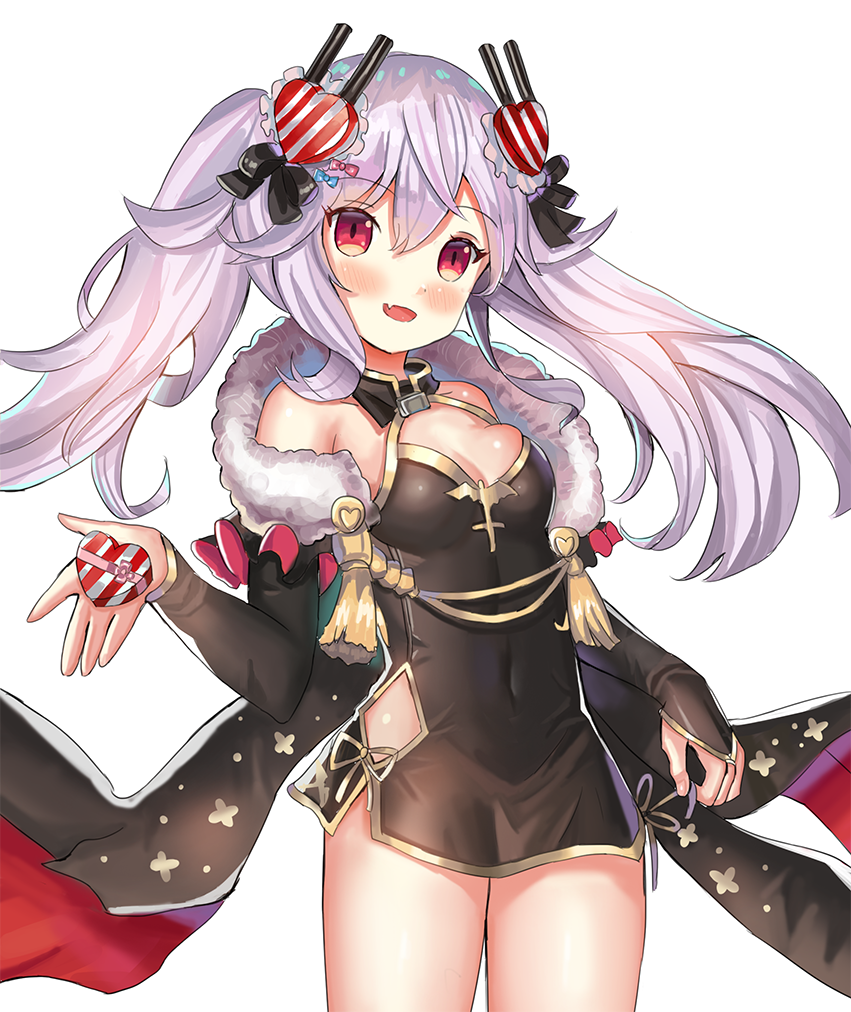 1girl :d ame_sagari azur_lane bare_shoulders blush box breasts china_dress chinese_clothes chocolate chocolate_heart cleavage commentary_request detached_sleeves dress fang gift gift_box hair_ornament heart heart_hair_ornament long_hair looking_at_viewer medium_breasts open_mouth red_eyes silver_hair simple_background smile solo standing vampire_(azur_lane) white_background
