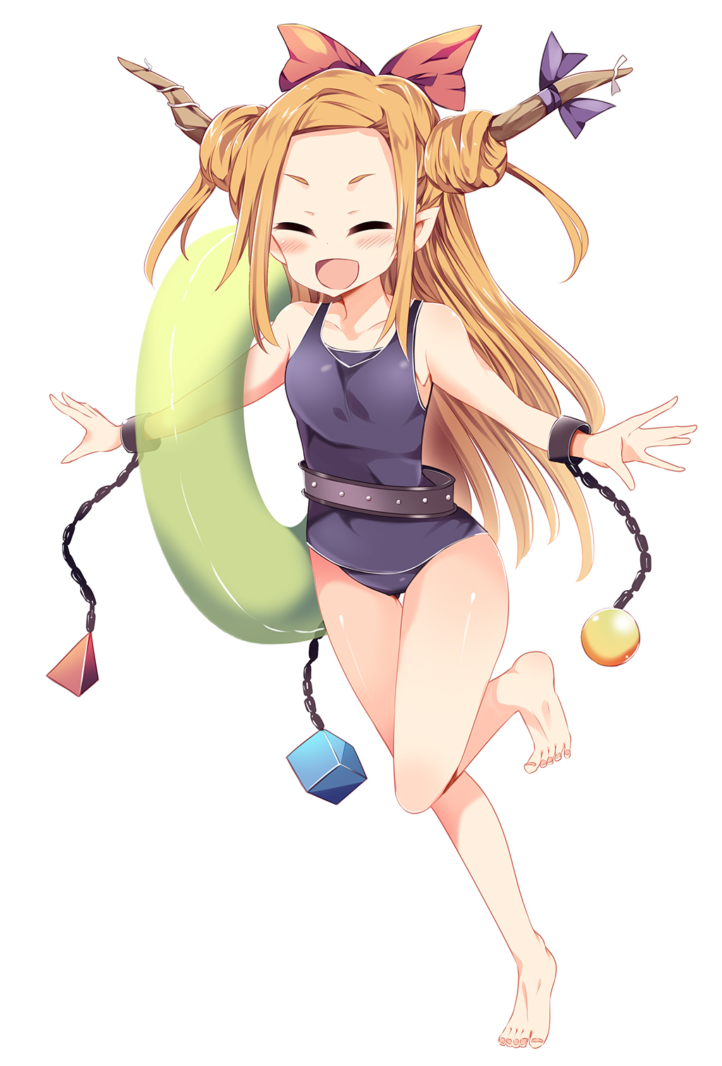 1girl :d alternate_hairstyle bare_legs barefoot belt blue_ribbon blush bow chains closed_eyes cuffs double_bun forehead full_body hair_bow highres horn_ribbon horns ibuki_suika innertube long_hair maturiuta_sorato one-piece_swimsuit one_leg_raised open_mouth orange_hair pointy_ears red_bow ribbon simple_background smile solo standing swimsuit thigh_gap touhou transparent very_long_hair white_background