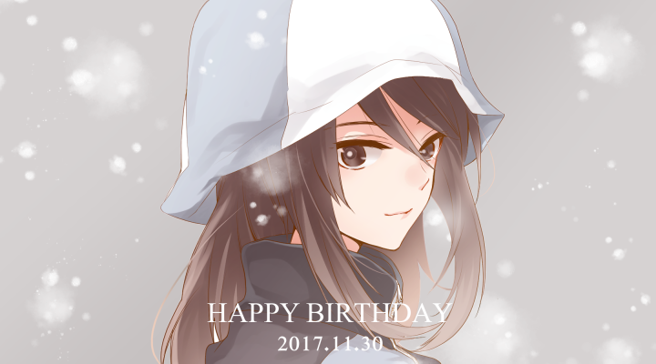 1girl bangs blue_hat blue_jacket brown_eyes brown_hair closed_mouth commentary dated english from_side girls_und_panzer grey_background happy_birthday hat jacket keizoku_military_uniform light_smile long_hair looking_at_viewer mika_(girls_und_panzer) military military_uniform nakaya_106 portrait raglan_sleeves snow solo track_jacket uniform