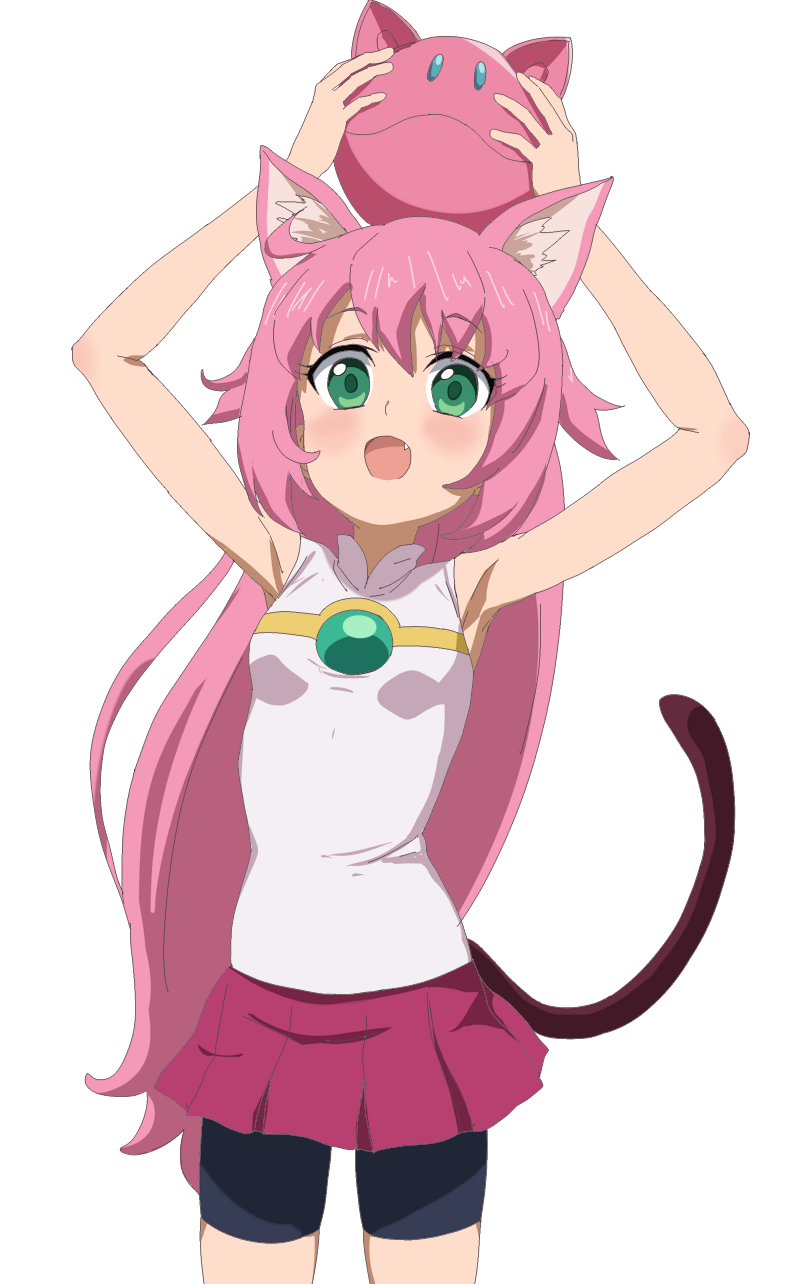 1girl animal_ears armpits arms_up bangs bare_arms bare_shoulders bike_shorts black_shorts blush breasts cat_ears cat_girl cat_tail commentary_request cowboy_shot eyebrows_visible_through_hair fang green_eyes gundam_build_divers hair_between_eyes highres holding leaning_to_the_side long_hair open_mouth pink_hair pleated_skirt purple_skirt shirt short_shorts shorts simple_background skirt sleeveless sleeveless_shirt small_breasts solo tail trg-_(sain) very_long_hair white_background white_shirt yashiro_momoka