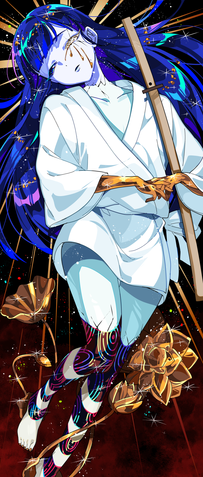 1other androgynous bangs barefoot blue_eyes blue_hair blunt_bangs colored_eyelashes crack flower glowing glowing_eye gold golden_arms hanasaki_coa heterochromia highres hime_cut houseki_no_kuni japanese_clothes long_hair phosphophyllite phosphophyllite_(ll) sleepwear solo sparkle spoilers sword tears weapon white_eyes