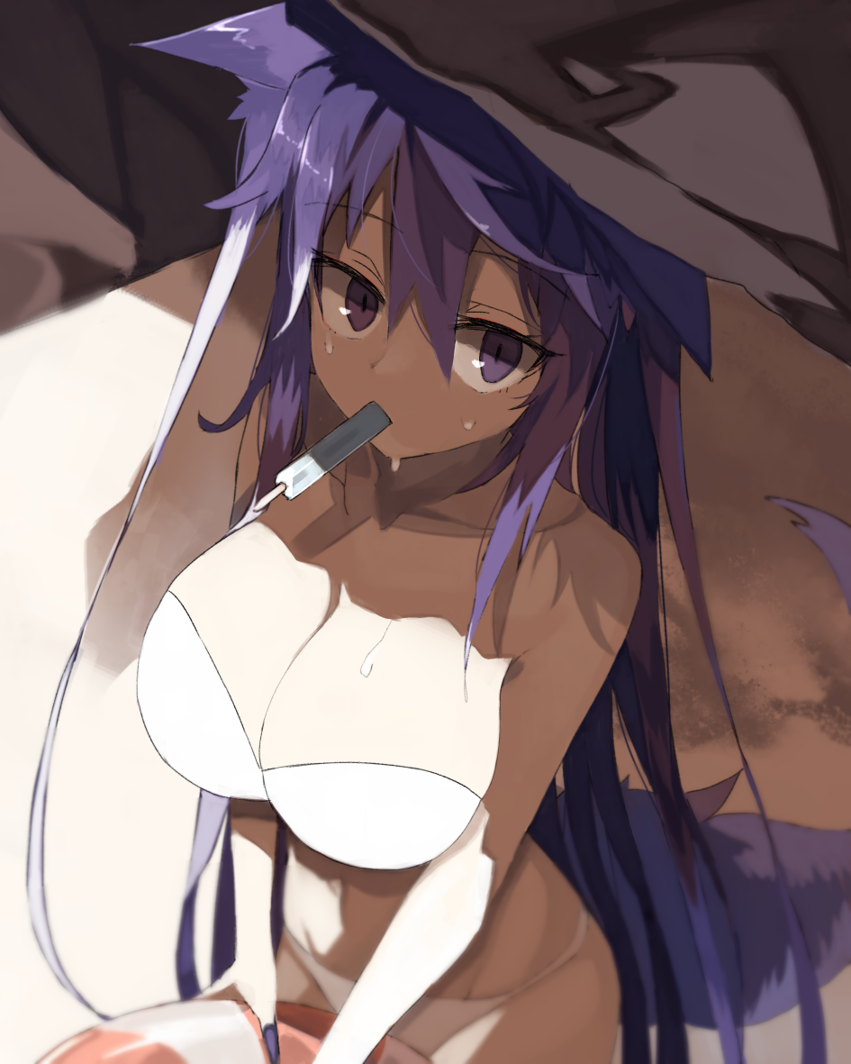 1girl animal_ears ball bare_arms bare_shoulders beachball bikini breasts cleavage commentary_request food hair_between_eyes hat ice_cream kasuka_(kusuki) large_breasts long_hair looking_at_viewer nail_polish nanacy_calvados original popsicle purple_hair purple_nails solo strapless strapless_bikini sweat swimsuit tail violet_eyes white_bikini