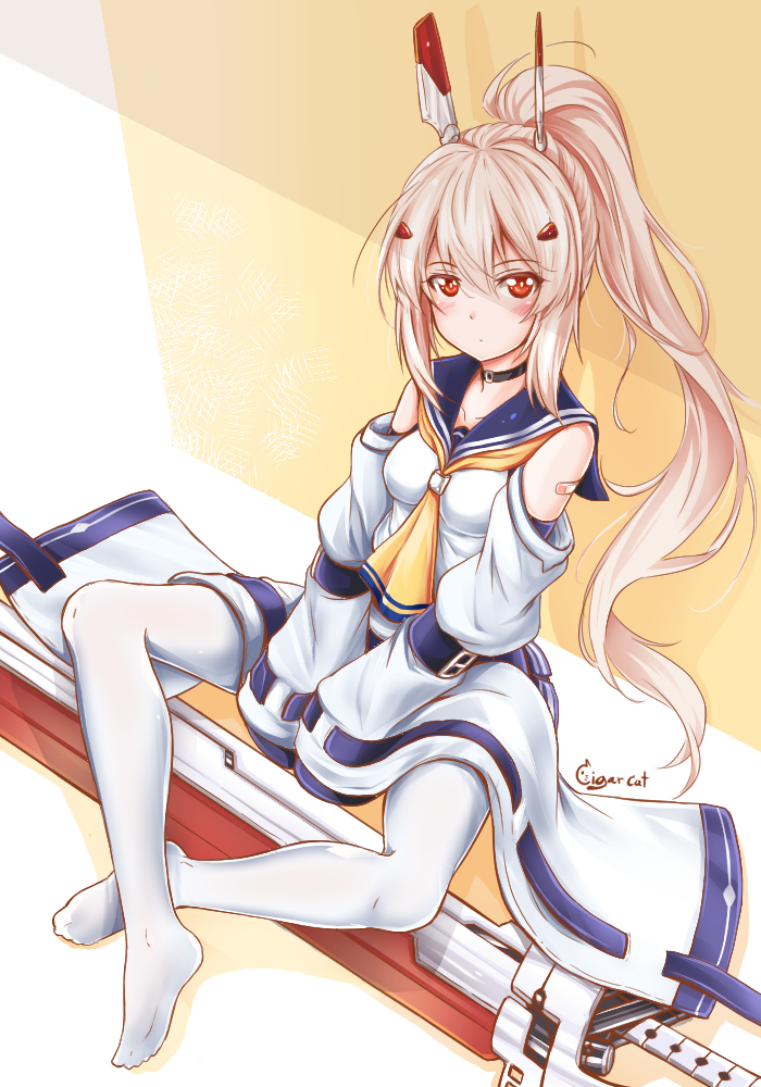 1girl ayanami_(azur_lane) azur_lane bandaid_on_arm choker cigar_cat commentary_request detached_sleeves from_above headgear long_hair looking_at_viewer orange_eyes pantyhose ponytail remodel_(azur_lane) signature silver_hair simple_background sitting solo sword weapon white_legwear wide_sleeves