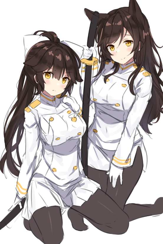 2girls animal_ears arm_up atago_(azur_lane) azur_lane bangs black_legwear blush bow breasts brown_eyes brown_hair closed_mouth eyebrows_visible_through_hair gloves hair_between_eyes hair_bow high_ponytail hitsukuya holding holding_sheath holding_weapon jacket katana kneeling large_breasts long_hair long_sleeves military military_jacket military_uniform multiple_girls no_shoes pantyhose pleated_skirt ponytail sheath sheathed sidelocks simple_background skirt smile sword takao_(azur_lane) uniform very_long_hair weapon white_background white_bow white_gloves white_jacket white_skirt