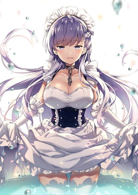 1girl apron azur_lane bangs belfast_(azur_lane) blue_eyes blush braid breasts chains cleavage collar collarbone commentary commentary_request dress dress_lift eyebrows_visible_through_hair floating_hair french_braid frilled_gloves frills gloves hair_between_eyes large_breasts light_particles long_hair looking_at_viewer maid maid_headdress open_mouth revision riichu sidelocks silver_hair simple_background smile solo sparkle standing_in_water thighs very_long_hair water_drop white_background white_gloves white_legwear