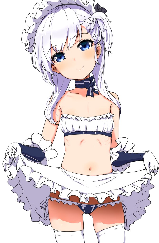 1girl apron apron_lift azur_lane bandeau bare_shoulders belfast_(azur_lane) blue_eyes braid breasts choker clearite cowboy_shot eyebrows_visible_through_hair french_braid gloves gluteal_fold head_tilt long_hair maid_headdress navel one_side_up panties ribbon_choker side-tie_panties side_braid simple_background small_breasts smile solo thigh-highs underwear waist_apron white_background white_hair white_legwear younger