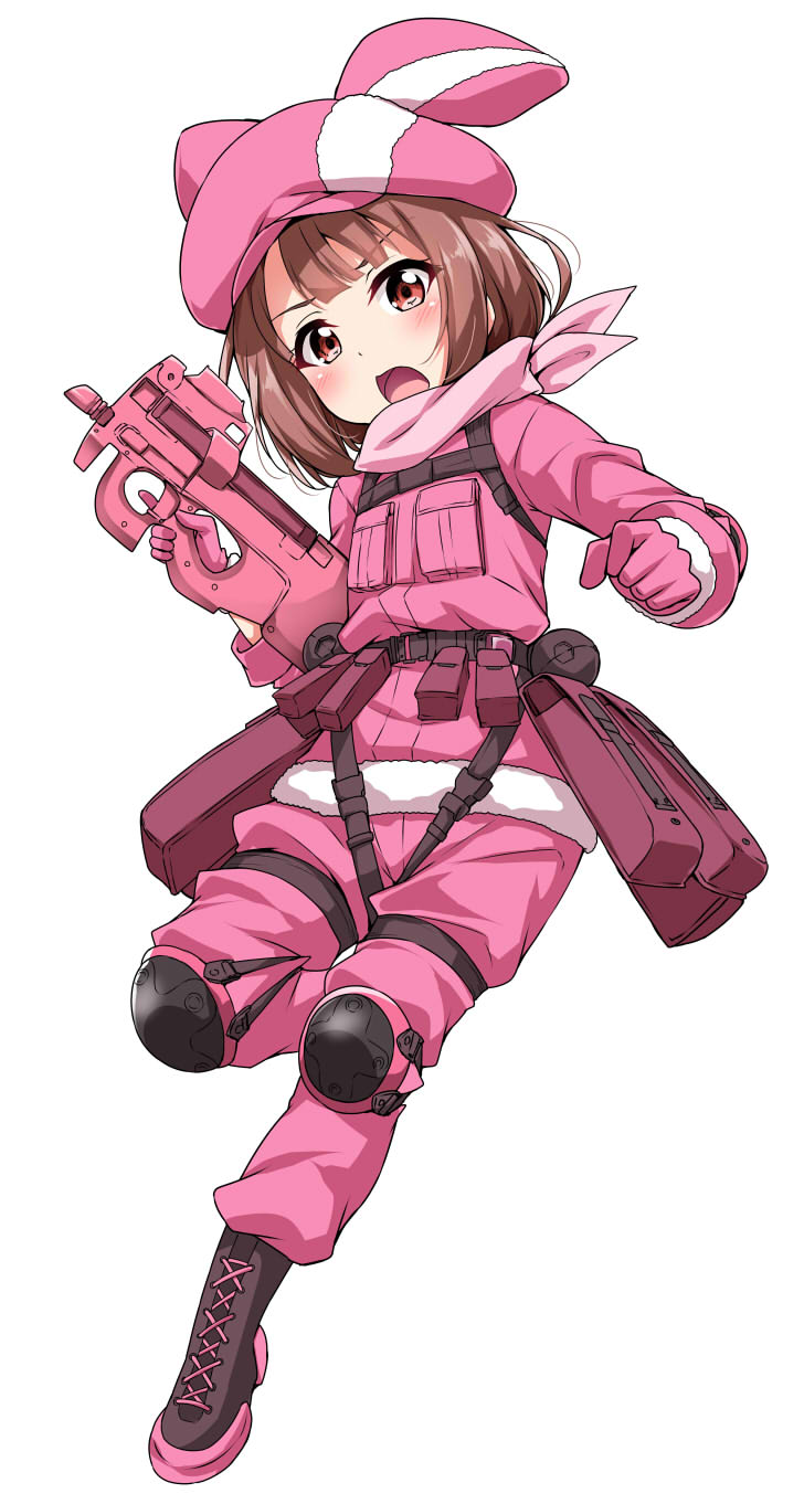 1girl animal_hat bangs belt_pouch boots brown_eyes brown_hair bullpup bunny_hat clenched_hand commentary_request cross-laced_footwear full_body fur_trim gloves gun hat highres holding holding_gun holding_weapon knee_pads llenn_(sao) loaf_of_bread long_sleeves looking_at_viewer military military_uniform open_mouth p-chan_(p-90) p90 pants pink_bandana pink_gloves pink_hat pink_pants red_eyes short_hair simple_background solo standing standing_on_one_leg submachine_gun sword_art_online sword_art_online_alternative:_gun_gale_online uniform v-shaped_eyebrows weapon white_background yopparai_oni