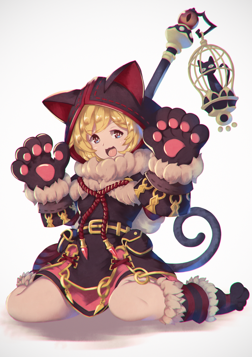 1girl 307_(aho307) :3 :d animal_hood belt birdcage black_dress blonde_hair blue_eyes boots cage cat cat_hood commentary_request dress fur_trim granblue_fantasy grey_background hands_up highres hood hood_up kuronekodoushi looking_at_viewer open_mouth paws pouch short_dress short_hair simple_background sitting smile solo staff wariza