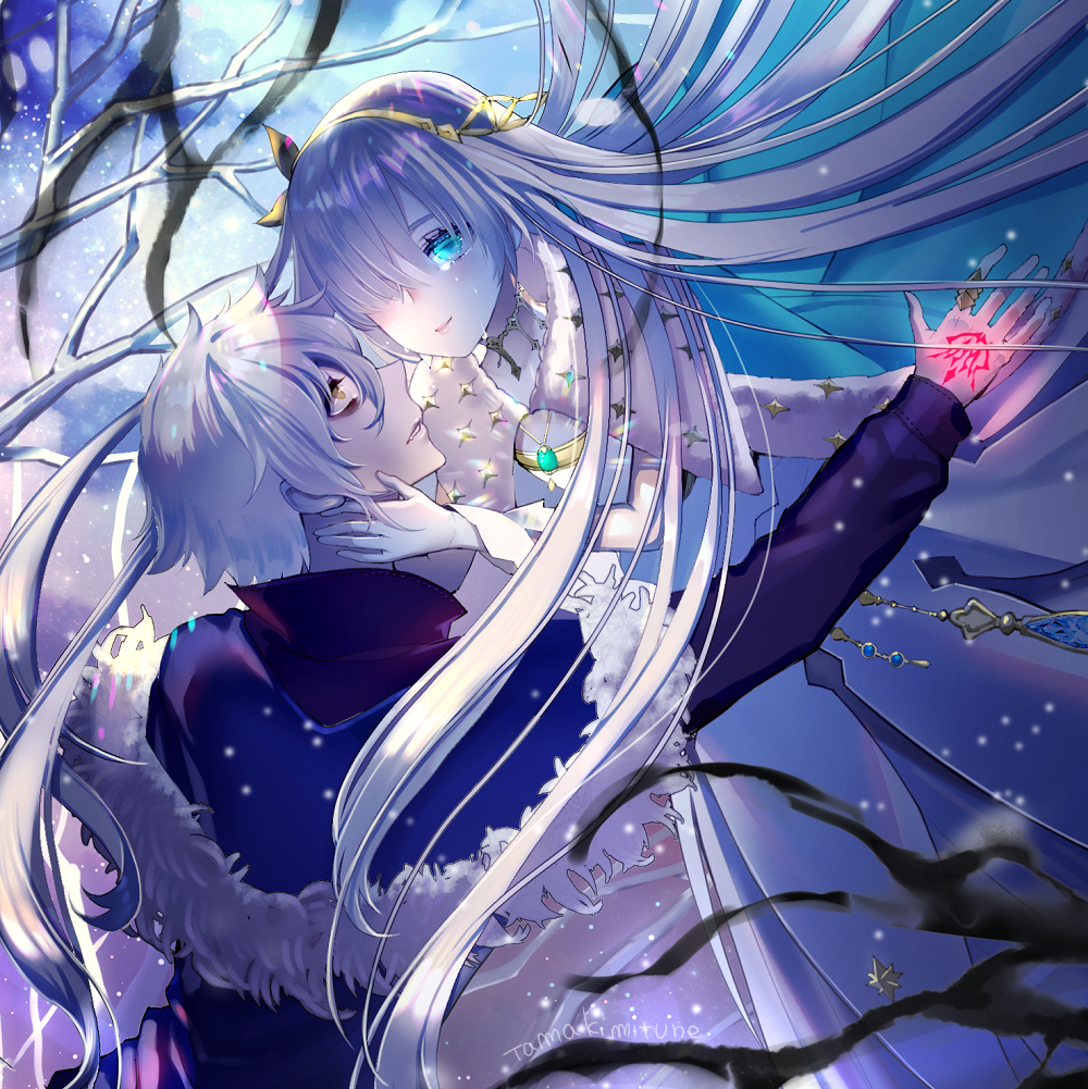 1boy 1girl anastasia_(fate/grand_order) artist_name bags_under_eyes bare_tree black_jacket black_shirt blue_cloak blue_eyes blurry blurry_foreground blush brown_eyes brown_hairband brown_ribbon cloak closed_mouth command_spell crying crying_with_eyes_open depth_of_field dress fate/grand_order fate_(series) full_moon fur-trimmed_jacket fur_trim glowing hair_over_one_eye hair_ribbon jacket kadoc_zemlupus long_hair long_sleeves looking_at_another looking_at_viewer moon parted_lips ribbon shirt silver_hair smile tamaki_mitsune tears tree very_long_hair white_dress