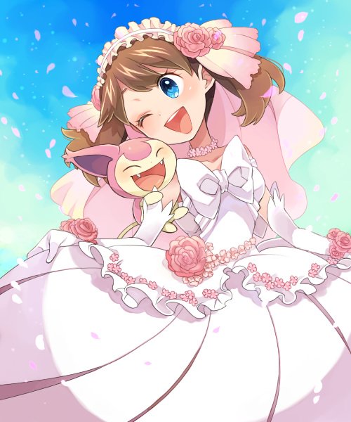 1girl :d blue_eyes blush bridal_vail bridal_veil brown_hair commentary_request dress elbow_gloves flower flower_necklace gen_3_pokemon gloves haruka_(pokemon) head_tilt jewelry necklace one_eye_closed open_mouth petals pink_flower pink_rose pink_wedding_dress pokemon pokemon_(anime) rose sasairebun short_hair skitty smile solo veil wedding_dress