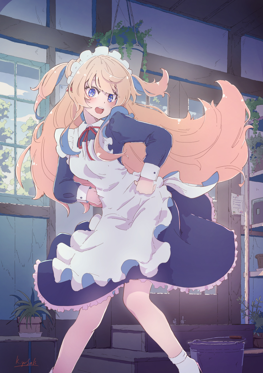 1girl apron blonde_hair blue_eyes bucket hands_on_hips highres indoors kagawa_yuusaku long_hair maid maid_apron maid_headdress open_mouth original plant potted_plant solo two_side_up very_long_hair window