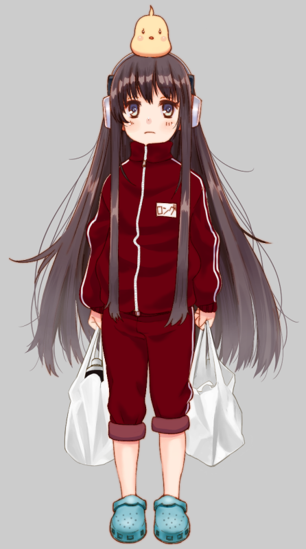 1girl animal animal_on_head arms_at_sides azur_lane bag bangs bird bird_on_head black_hair blue_footwear blush chick closed_mouth crocs frown full_body grey_background headphones holding holding_bag jacket long_hair long_island_(azur_lane) long_sleeves name_tag on_head pants plastic_bag red_jacket red_pants sidelocks simple_background solo soranaka_ame standing straight_hair track_jacket track_pants very_long_hair