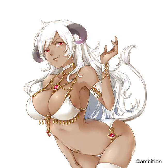 1girl armband bad_anatomy bare_shoulders bra breasts dark_skin hand_up himekiss jewelry large_breasts long_hair looking_at_viewer maru-kichi navel necklace official_art panties red_eyes smile solo thigh-highs underwear very_long_hair white_bra white_hair white_legwear white_panties wristband