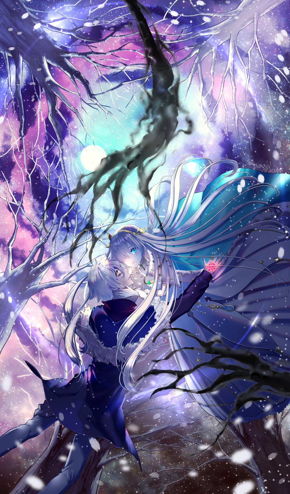 1boy 1girl anastasia_(fate/grand_order) bags_under_eyes bare_tree black_jacket black_pants black_shirt blue_cloak blue_eyes blurry blurry_foreground blush brown_eyes brown_hairband brown_ribbon cloak closed_mouth command_spell commentary_request crying crying_with_eyes_open depth_of_field dress fate/grand_order fate_(series) full_moon fur-trimmed_jacket fur_trim glowing hair_over_one_eye hair_ribbon highres jacket kadoc_zemlupus long_hair long_sleeves looking_at_another looking_at_viewer moon pants parted_lips ribbon shirt silver_hair smile tamaki_mitsune tears tree very_long_hair white_dress