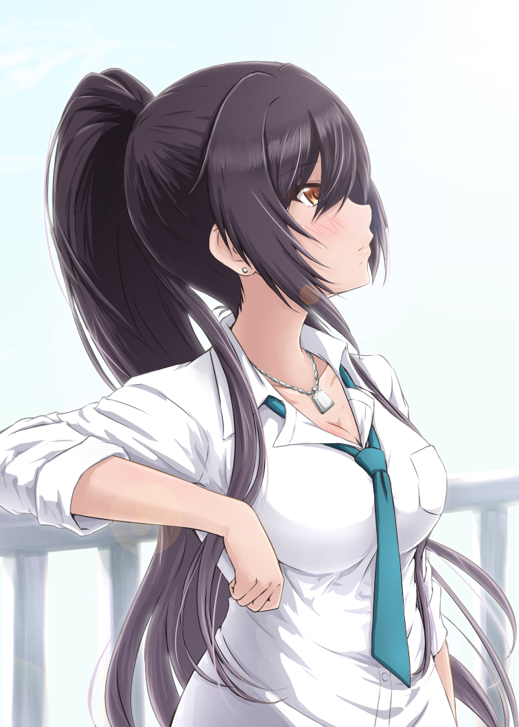 1girl bangs black_hair blush breasts cleavage collarbone commentary_request diesel-turbo dog_tags earrings eyebrows_visible_through_hair idolmaster idolmaster_shiny_colors jewelry large_breasts leaning_against_railing long_hair looking_to_the_side loose_necktie necktie ponytail school_uniform shirase_sakuya solo stud_earrings yellow_eyes