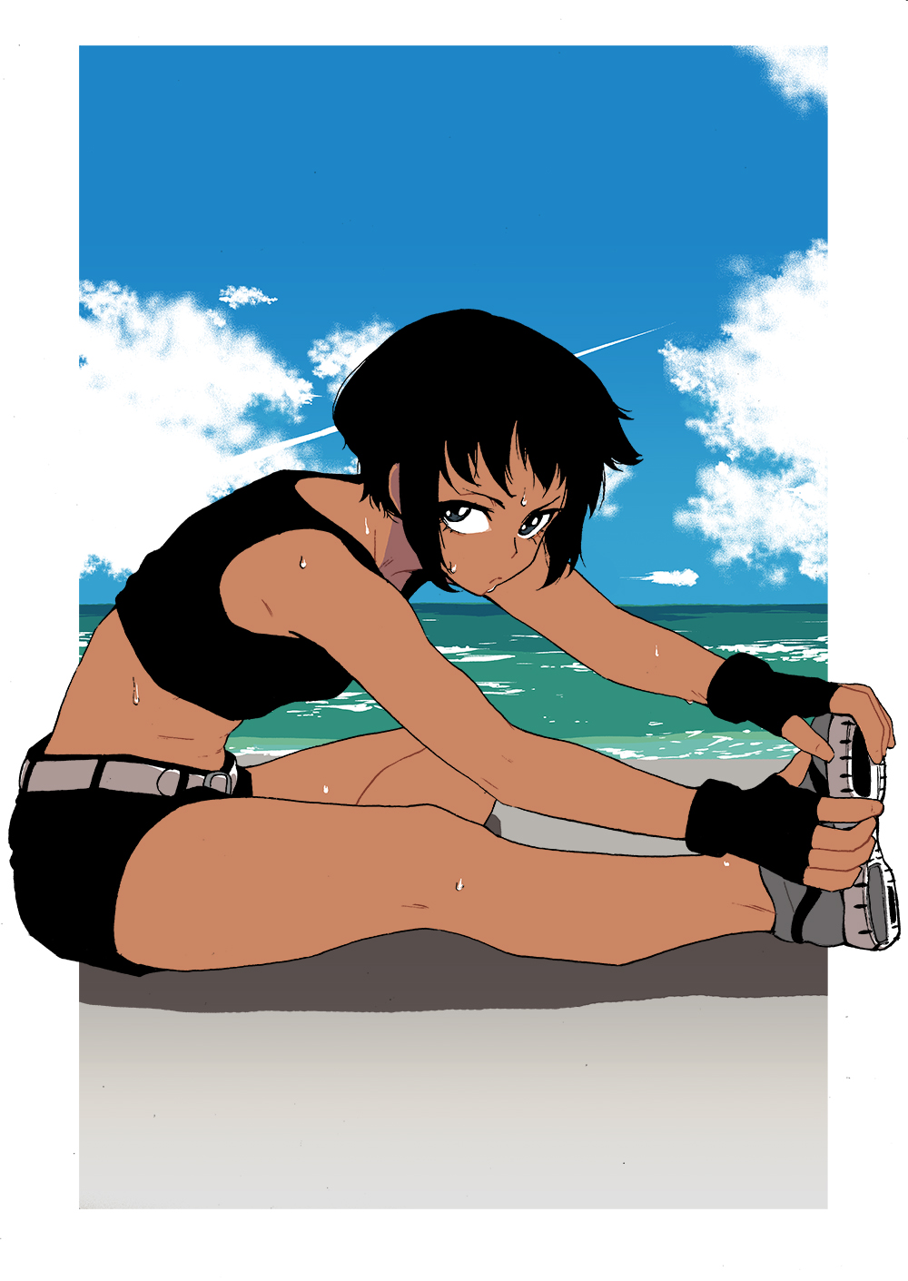 1girl black_eyes black_hair blue_sky crop_top cyrano fingerless_gloves gloves highres midriff ocean original outside_border shoes shore short_hair short_shorts shorts sky sneakers solo stretch sweat white_border