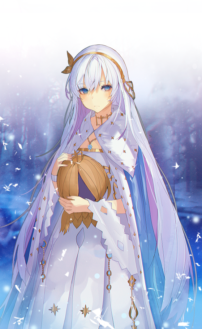 1girl anastasia_(fate/grand_order) bangs blue_cloak blue_eyes blurry blurry_background blush brown_hairband brown_ribbon cloak closed_mouth commentary crown depth_of_field dress eyebrows_visible_through_hair fate/grand_order fate_(series) fingernails hair_between_eyes hair_ribbon hairband holding light_brown_hair lloule long_hair looking_at_viewer mini_crown outdoors ribbon silver_hair solo tree very_long_hair white_dress