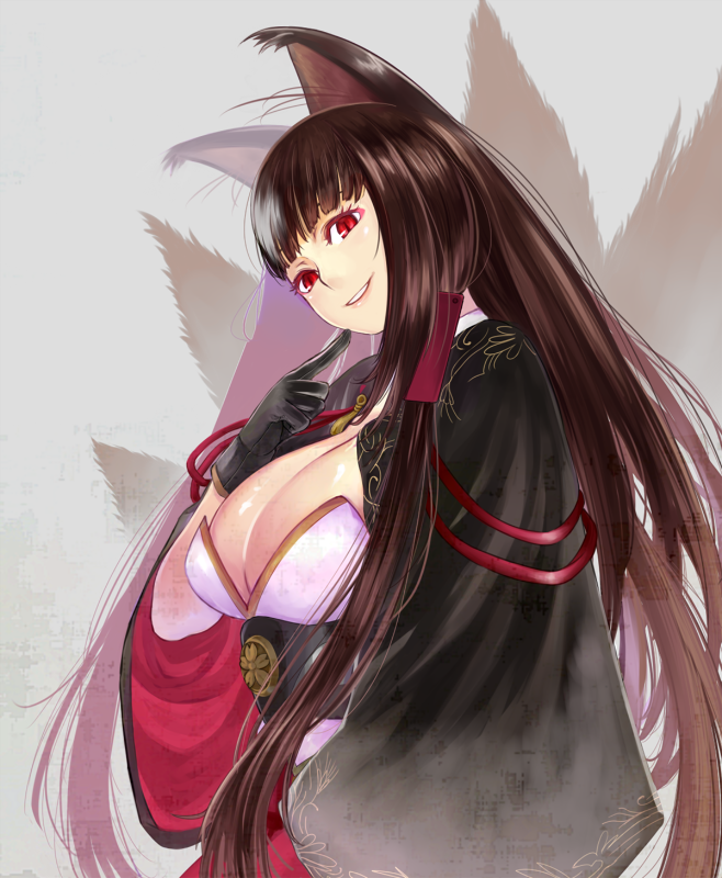 1girl akagi_(azur_lane) animal_ears azur_lane black_gloves breasts brown_hair chrysanthemum cleavage eyelashes eyeliner finger_to_mouth flower fox_ears fox_tail gloves grey_background hair_tubes hand_up head_tilt japanese_clothes kikumon large_breasts long_hair makeup multiple_tails red_eyes slit_pupils smile solo soranaka_ame straight_hair tail very_long_hair wide_sleeves