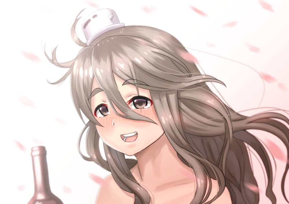 1girl :d bare_shoulders blurry blush bottle commentary_request curly_hair depth_of_field gradient gradient_background kantai_collection long_hair looking_at_viewer misumi_(niku-kyu) open_mouth petals pola_(kantai_collection) silver_hair simple_background smile solo wind wine_bottle