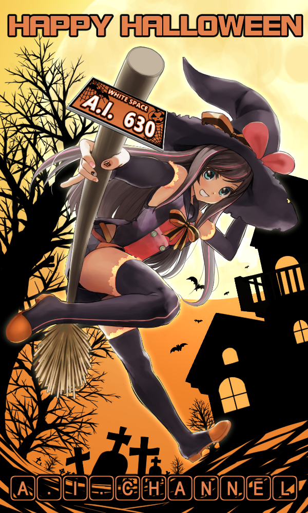 1girl :d a.i._channel adapted_costume animal aqua_eyes bangs bare_shoulders bare_tree bat black_hat black_legwear black_nails black_shorts bow bowtie broom broom_riding brown_hair building buttons copyright_name cross detached_sleeves eyebrows fingernails full_body full_moon halloween happy_halloween hat hat_bow jack-o'-lantern kizuna_ai license_plate long_hair long_sleeves moon multicolored multicolored_hair multicolored_nail_polish nail_art nail_polish number open_mouth orange_footwear orange_nails orange_sky pink_hair pink_nails pinky_out shirt shoes shorts silk sky sleeveless sleeveless_shirt smile solo soranaka_ame spider_web straight_hair streaked_hair striped striped_bow striped_neckwear text thigh-highs tombstone tree two-tone_hair virtual_youtuber window witch_hat zettai_ryouiki