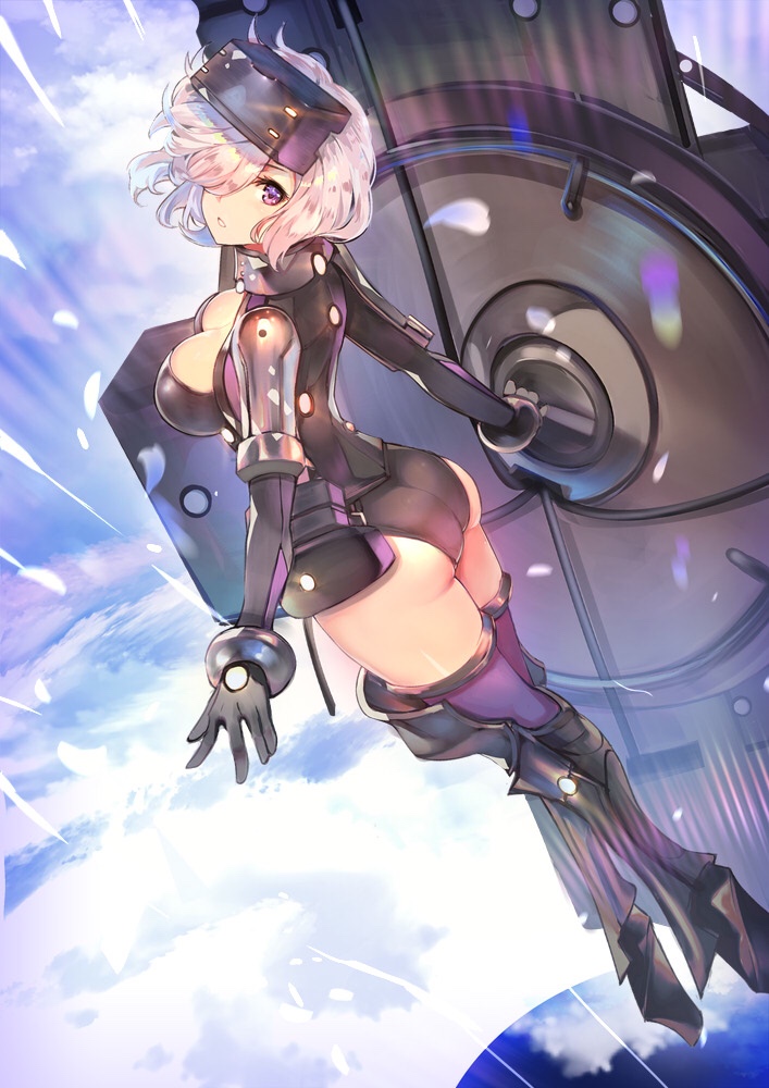 1girl armored_boots ass bangs black_gloves black_legwear black_leotard boots clouds cloudy_sky day fate/grand_order fate_(series) floating gloves hair_over_one_eye lavender_hair leotard looking_at_viewer mash_kyrielight outdoors parted_lips purple_hair purple_legwear shield short_hair sky solo teddy_(khanshin) thigh-highs violet_eyes vr_visor