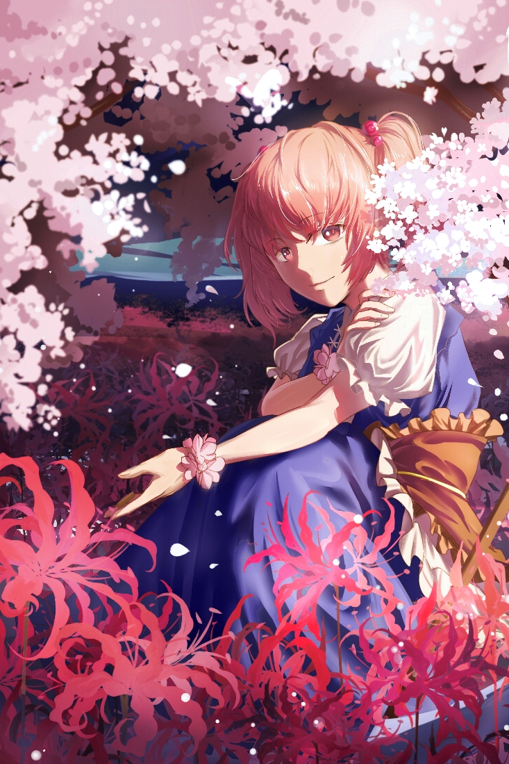 1girl bangs blue_skirt cherry_blossoms chinese_commentary closed_mouth commentary_request eyebrows_visible_through_hair eyes_visible_through_hair fingernails flower frilled_sleeves frills from_side hair_bobbles hair_ornament light_brown_eyes light_brown_hair light_smile looking_at_viewer obi onozuka_komachi open_hand petals puffy_sleeves sash scrunchie scythe shirt skirt skirt_set solo spider_lily squatting touhou twintails white_shirt wrist_scrunchie yaosan233
