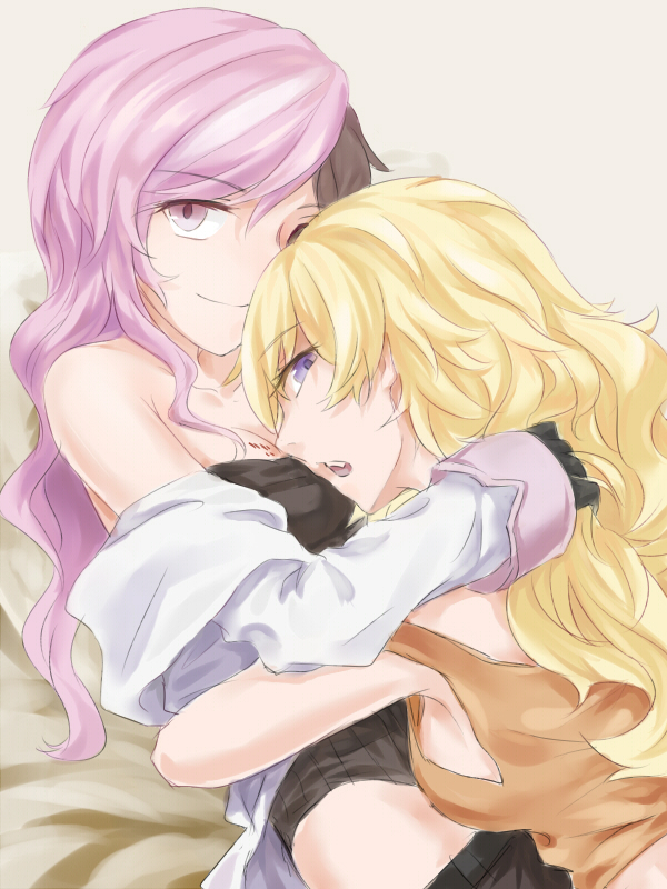 2girls black_gloves blood breasts brown_hair commentary_request gloves long_hair long_sleeves looking_at_viewer midriff multicolored_hair multiple_girls neo_(rwby) off_shoulder open_mouth orange_tank_top pink_eyes pink_hair possessive rwby sideboob sleeveless smile tank_top tl two-tone_hair violet_eyes wavy_hair yang_xiao_long yuri