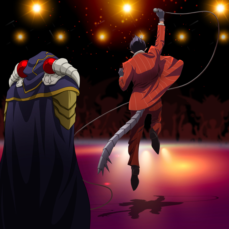 2boys ainz_ooal_gown arm_up black_footwear black_gloves black_hair cape demiurge gloves holding holding_microphone jacket jumping k-ta microphone multiple_boys overlord_(maruyama) pants purple_cape red_jacket red_pants stage tail vertical-striped_jacket