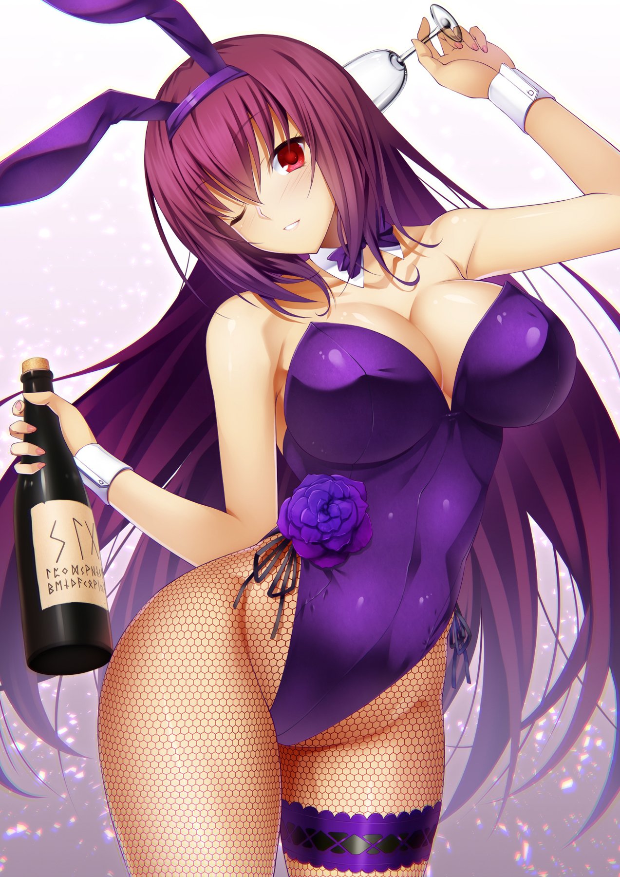1girl alcohol animal_ears bottle bow bowtie breasts bunnysuit cleavage cup detached_collar drinking_glass emanon123 fate/grand_order fate_(series) fishnet_pantyhose fishnets flower garter_belt highres large_breasts leotard long_hair looking_at_viewer lying pantyhose purple_flower purple_hair purple_leotard purple_neckwear rabbit_ears red_eyes scathach_(fate/grand_order) simple_background solo strapless strapless_leotard white_background wine wine_glass wrist_cuffs