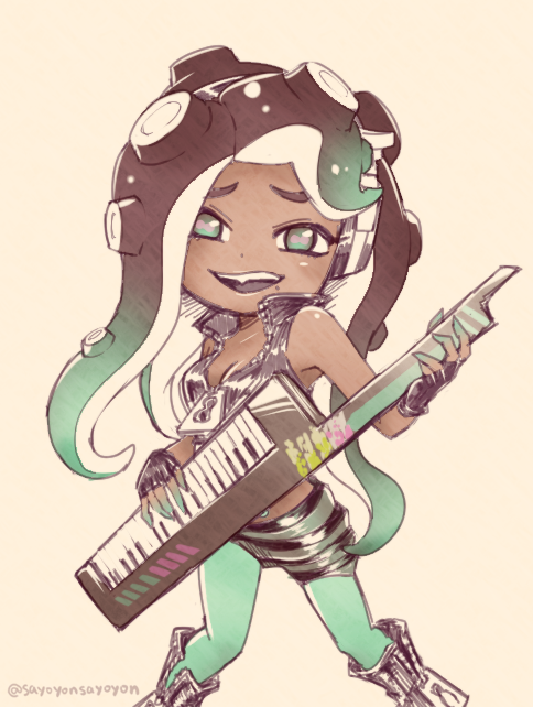 1girl asymmetrical_hair bare_arms black_footwear black_gloves black_hair black_vest boots breasts cephalopod_eyes cleavage collared_vest cowboy_shot crop_top cropped_vest dark_skin fang fingerless_gloves gloves green_hair green_legwear green_skin headphones high_collar holding holding_instrument iida_(splatoon) instrument keytar long_hair looking_at_viewer makeup mascara midriff mole mole_under_mouth multicolored multicolored_hair multicolored_skin navel_piercing octarian open_mouth pantyhose pantyhose_under_shorts piercing pink_pupils sayoyonsayoyo shorts simple_background smile solo splatoon splatoon_2 standing stomach striped striped_shorts suction_cups tentacle_hair twitter_username unzipped upper_teeth very_long_hair vest zipper zipper_pull_tab