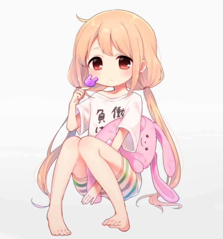 1girl barefoot blonde_hair blush brown_eyes candy closed_mouth eyebrows_visible_through_hair food futaba_anzu idolmaster idolmaster_cinderella_girls komachi_pochi lollipop long_hair looking_at_viewer shirt short_sleeves sitting solo stuffed_animal stuffed_toy twintails very_long_hair white_shirt