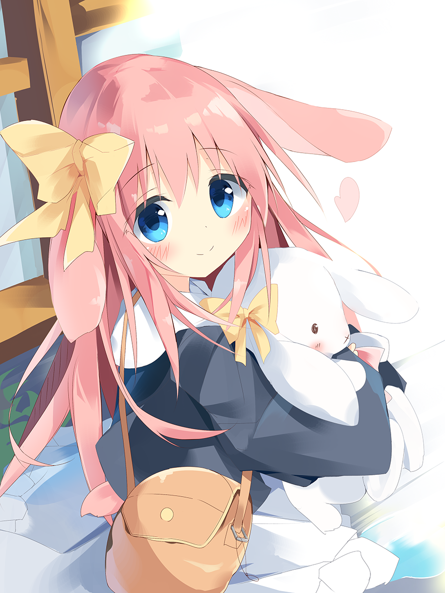 1girl :x animal_ears bag bangs black_jacket blue_eyes blush bow closed_mouth commentary_request dress ears_down eyebrows_visible_through_hair hair_between_eyes hair_bow highres jacket kushida_you long_hair long_sleeves looking_at_viewer looking_to_the_side object_hug original pink_hair rabbit_ears shoulder_bag sleeves_past_wrists smile solo standing stuffed_animal stuffed_bunny stuffed_toy very_long_hair white_dress yellow_bow
